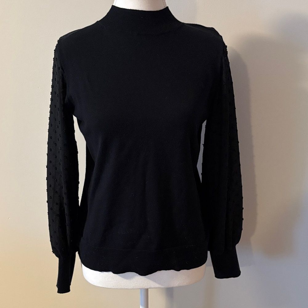 Cece Black Clip Dot Sheer Sleeve Mock Neck Long Sleeve Sweater. Size Small